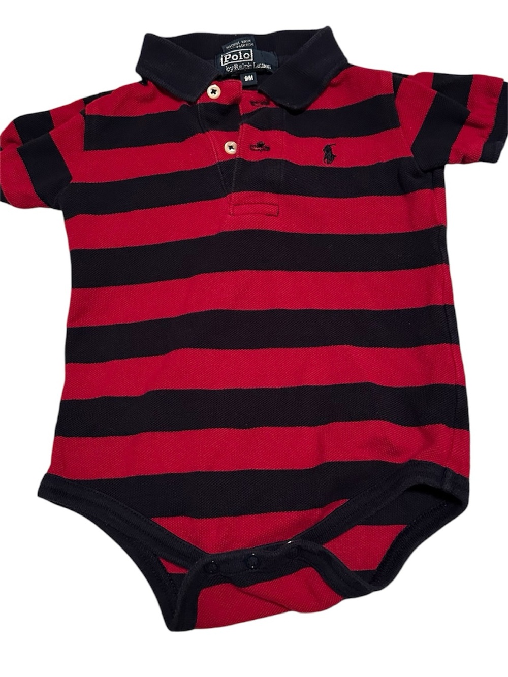 Polo by Ralph Lauren Red & Navy Striped Polo Onesie-Size 9M